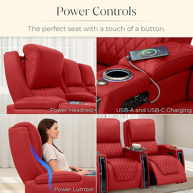 Seatcraft Apex Zero-Gravity CoolZero Italian Leather Home Theater Seating, Powered Headrest, Powered Lumbar, Powered Recline, Row of 4 Left Loveseat, Red