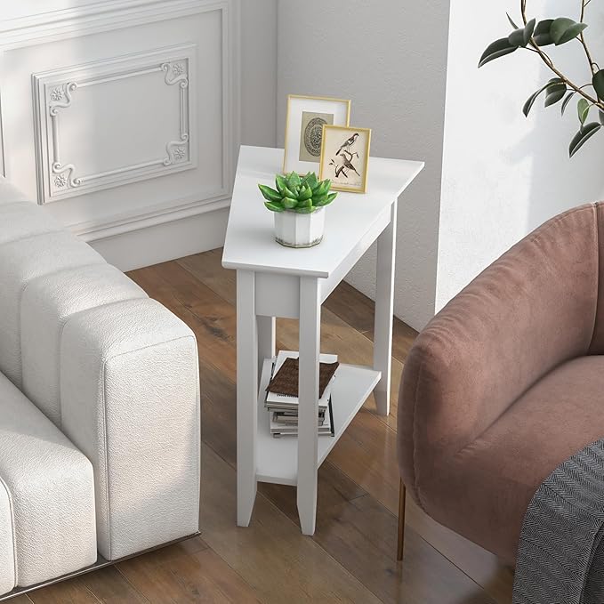 Giantex Wedge End Table White, Triangle Side Table with Storage Shelf and Solid Wood Legs, Recliner Table, 24.5" Tall Nightstand, Modern Narrow Accent Table for Small Space Living Room
