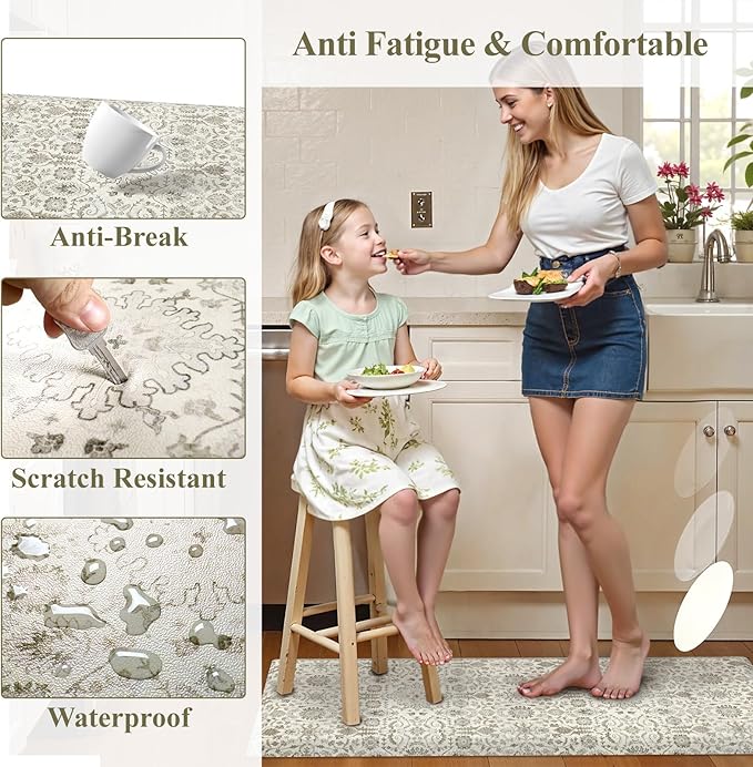 Collive Kitchen Floor Mat Cushioned Anti Fatigue, Vintage Boho Floral Rug Non Skid Waterproof Kitchen Sink Rugs, Memory Foam Comfort Standing Desk Mats for Floor, Office, 17.3''x28''