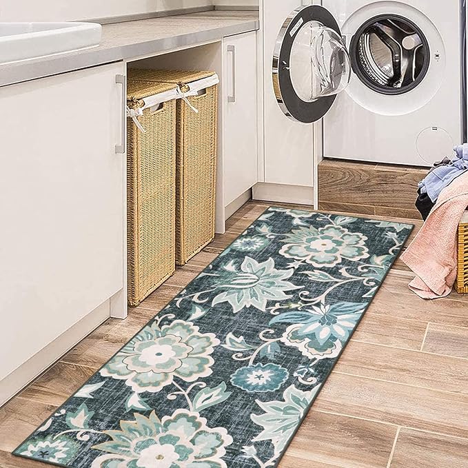 Beeiva Floral 2x5 Rug Runners for Hallways, Ultra Thin Blue Kitchen Runner Rug Washable, Vintage Plant Non-Shedding Bathroom Non-Slip Hallway Carpet for Entryway Bedroom Kitchen