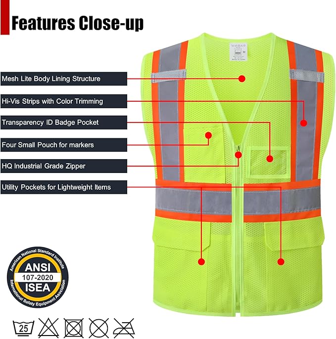 Reflective Safety Vest for Men Women Hi Vis Vest with Pockets High Visibility Vest Mesh Construction Vests Meets ANSI/ISEA Standards (Yellow-33, XX-Large)