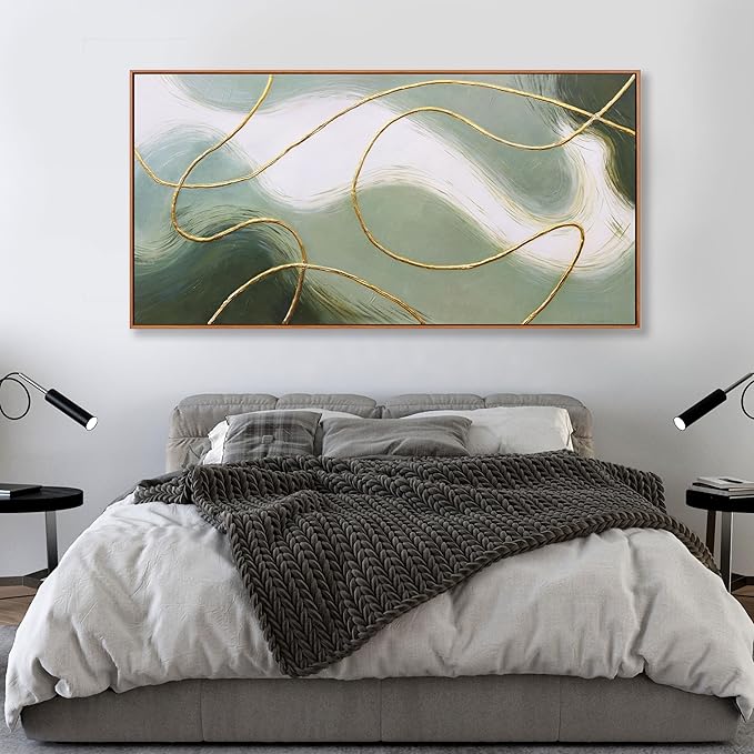 Abstract Wall Art Minimalism Green White and Gold Lines Boho Canvas Wall Decor Framed Artwork Modern Home Wall Decor for Living Room Bedroom Office 29"x58"