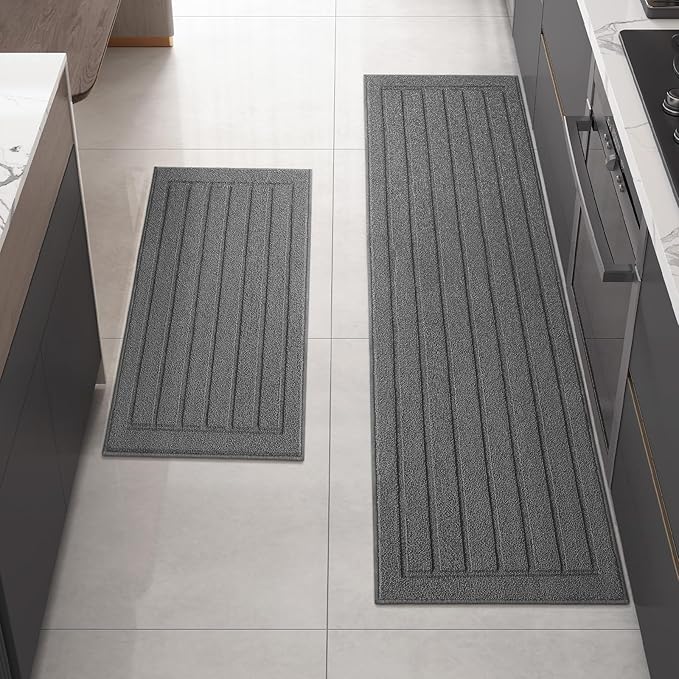 Color&Geometry Striped Design Absorbent and Washable Polypropylene Kitchen Floor Mats Set of 2, Grey 17”x29”+17”x59”, Non Slip TPE Backed, Low-Profile 2 Pieces Kitchen Sink Runner Rugs (Roll Packed)