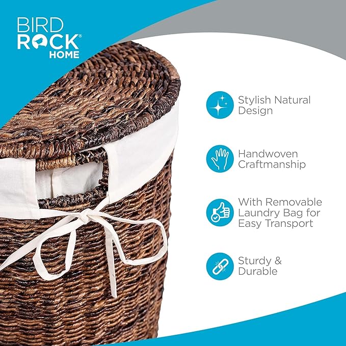 BIRDROCK HOME Seagrass Laundry Hamper with Lid & Liner - Handwoven Round Basket with Handles for Laundry/Dirty Clothes - Organizer, Storage, Shelves, Bin in Bathroom, Bedroom & Laundry Room - Espresso