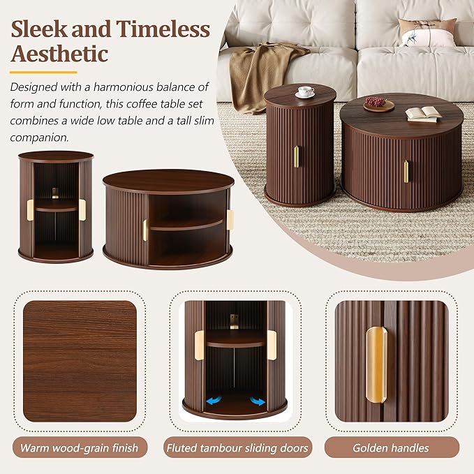 Merax Round Coffee Table Set with Storage, Fluted Center Tables with Sliding Cabinet Door for Living Room, Home, Office, Small Center Table,Walnut