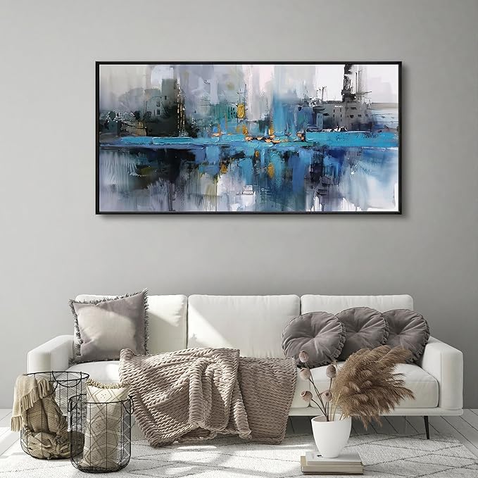 yiijeah Oversized Wall Art - Abstract Picture Large Wall Decor for Living Room Blue and White Paintings Big Frame Artwork Extra Large Canvas for Office Bedroom Home Decor