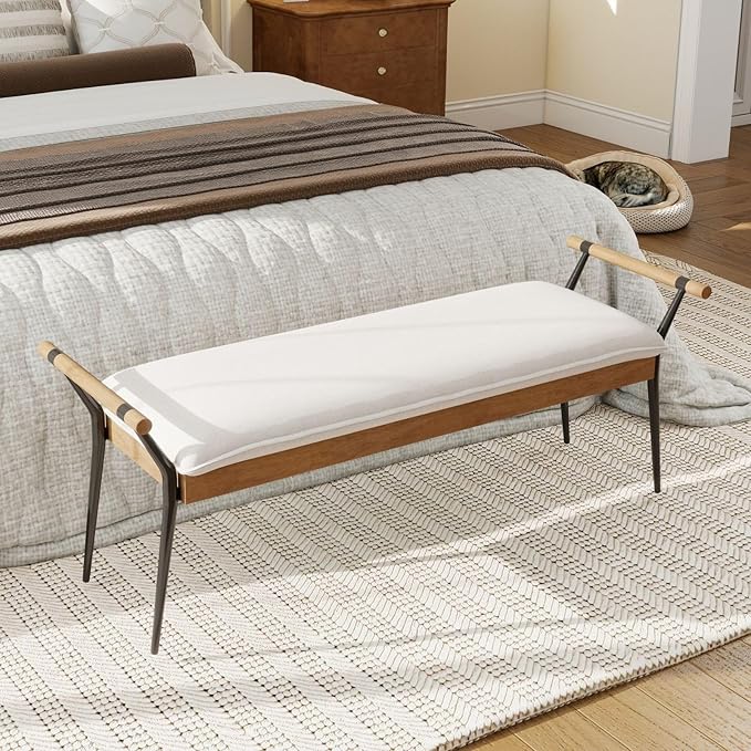LukeAlon Modern Chenille Entryway Bench, Upholstered End of Bed Bench with Arms Classic Bedroom Ottoman Bench with Metal Legs Elegant Footstool for Entrance Living Room, White