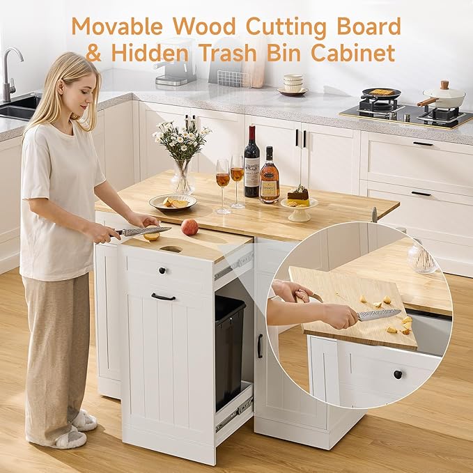 ONBRILL 61" Kitchen Islands with Movable Wood Cutting Board & Trash Storage Cabinets, Rolling Island Cart with Drop Leaf & Power Outlet, Dining Table with Spice & Towel Rack & Knife Holder, White