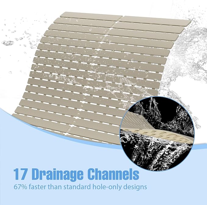 Shower Mat Non-Slip Bath Mat for Tub and Shower Stall,200+ Suction Cups with Drain Holes, Quick Dry Machine Washable, Extra Grip for Stand Up Showers, Bathroom Essentials 24x24 Inch (Light Brown)