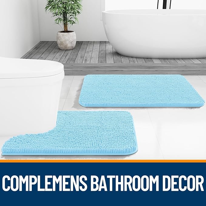 OLANLY Bathroom Rugs 47x20, Extra Soft Absorbent Chenille Bath Rugs, Rubber Backing Quick Dry, Machine Washable Bath Mats for Bathroom Floor, Tub and Shower, Home Decor Accessories, Sky Blue