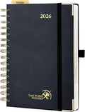 POPRUN 2026 Daily Planner One Page A Day - [8.5" x 5.75" Wire-Bound Hard Cover] Agenda 2026 Hourly Appointment Book with Monthly Calendar, Inner Pocket, Ivory Paper - Black