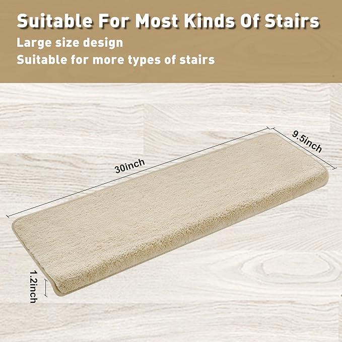 PURE ERA Carpet Stair Treads Ultra Plush 9.5" X 30"Soft Bullnose Indoor Stair Protectors Pet-Friendly Non-Slip Skid Resistant Tape Free Washable Reusable(14 Pieces,Beige)