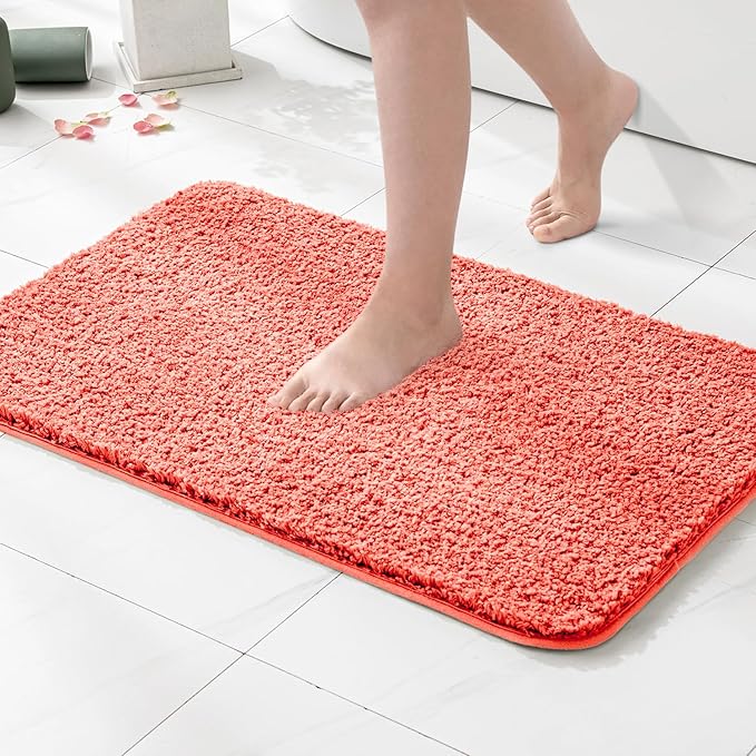 MIULEE Extra Thick Non Slip Bathroom Rug Shaggy Soft Bath Mat Plush Microfiber Absorbent Water for Shower Tub Machine Washable (Living Coral, 20x30 Inches)