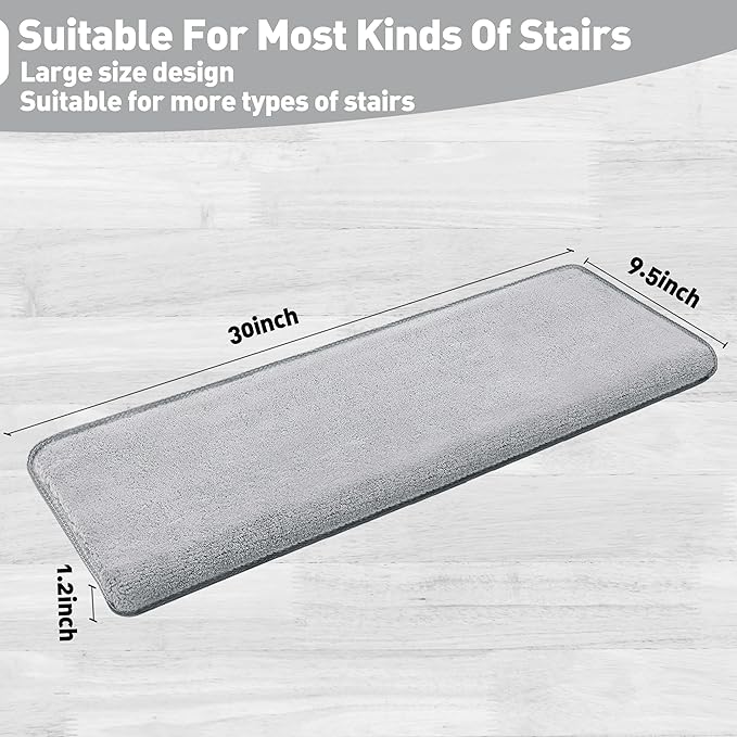 PURE ERA Carpet Stair Treads Ultra Plush 9.5" X 30"Soft Bullnose Indoor Stair Protectors Pet-Friendly Non-Slip Skid Resistant Tape Free Washable Reusable (14 Pieces, Gray)