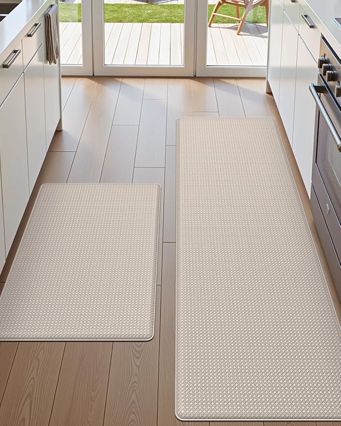 DEXI Kitchen Floor Mats Cushioned Anti Fatigue,17x29+17x59, Standing Runner Rug Waterproof, Comfort Memory Foam Padded for Front Sink Laundry Set of 2, Beige