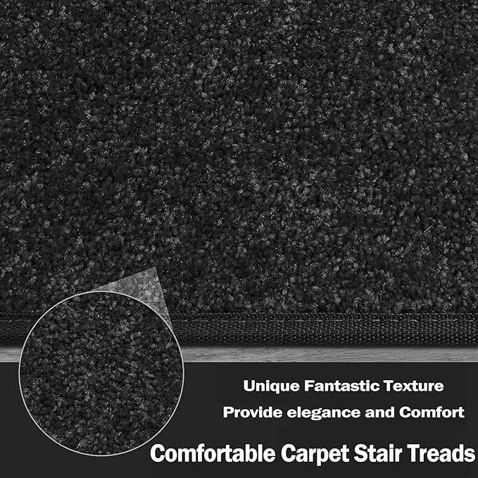 PURE ERA Bullnose Carpet Stair Treads Set Tape Free Non-Slip Indoor Stair Protectors Pet Friendly Rugs Covers Soft Skid Resistant Washable Reusable 9.5" x 30"(7 Pieces,Black)