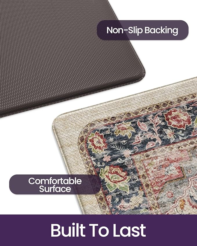 DEXI Kitchen Floor Mats Anti Fatigue, 17x29+17x59 Large Cushioned Runner Rug Waterproof, Standing Comfort Memory Foam Padded for Front Sink Laundry Office Set of 2, Beige and Red