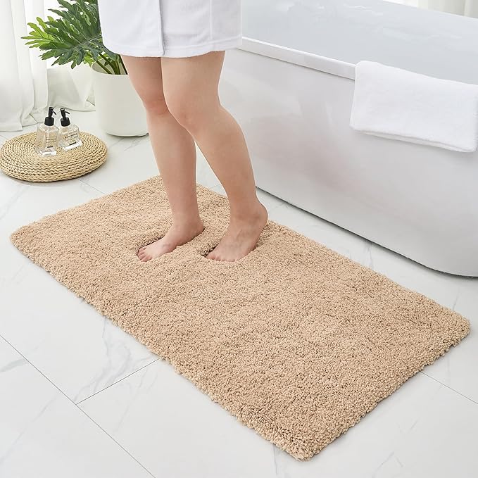 Bathroom Rugs 48x24, Ultra Thick Shaggy Soft Microfiber Absorbent Bath Rug, High Density Foam Latex Non Slip Backing, Machine Washable Bath Mats for Bathroom Floor & Sink, Beige