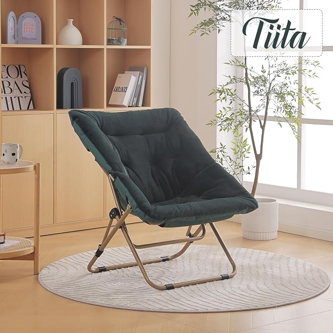 Tiita Comfy Folded Chair, Soft Faux Fur Oversized Folding Accent Chair, Lounge Lazy Chair for Kids Teens Adults, Metal Frame Moon Chair for Bedroom, Living Room, Dorm Rooms