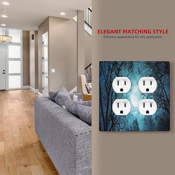 Decorative Light Switch Cover Plate Teal Full Moon Forest Turquoise 2 Gang Socket Covers Double Duplex Wallplates Switch Plates and Outlet Covers for Bathroom Bedroom Decor