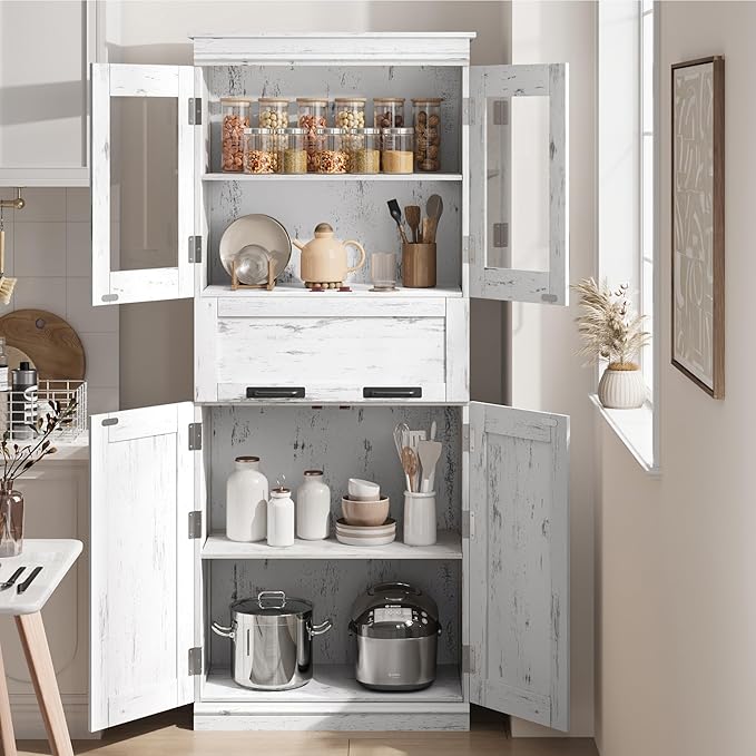 GarveeHome 67" Tall Bathroom Cabinet with 4 Doors & Flip Glass Drawer, Storage Cabinet with Adjustable Shelves, Freestanding Organizer for Kitchen, Living Room (Ivory)