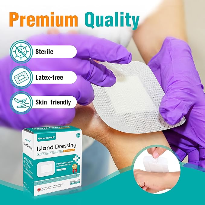General Medi Sterile Island Dressing Bordered Gauze – 50 Count, 4" x 4" Gauze Pads, Wound Care Pad with Adhesive Border - Sterile, Soft & Highly Absorbent Medical Grade Dressing Pad