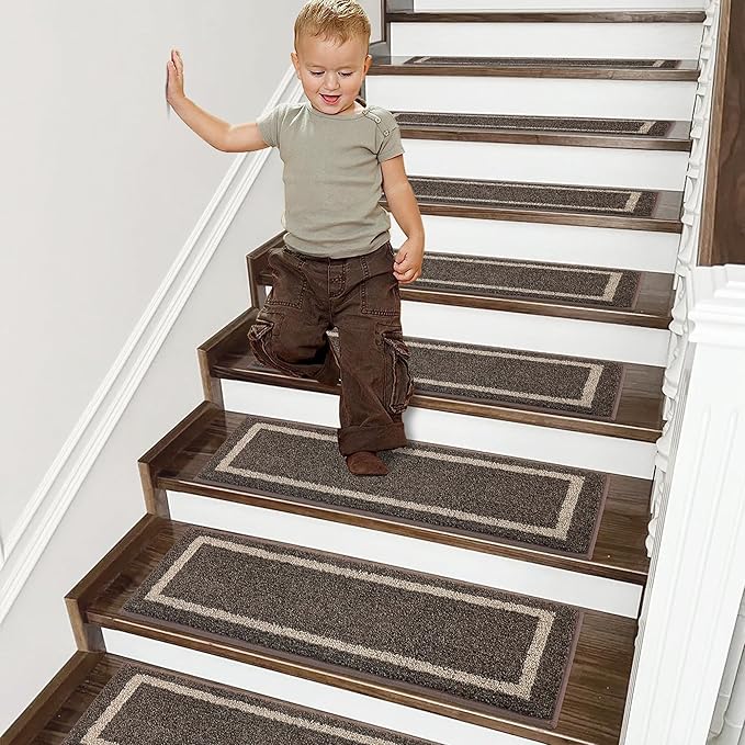 COSY HOMEER Soft Stair Treads Non-Slip Carpet Mat 28inX9in Indoor Stair Runners for Wooden Steps,Stair Rugs for Kids and Dogs, 100% Polyester TPE Backing 7pcs,Brown,Square