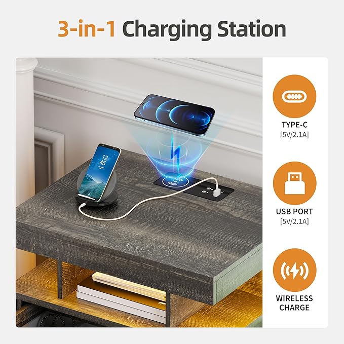 Gurexl Farmhouse Set of 2 Night Stand with Lockable Gun Drawer,LED Nightstand with Charging Station,Bedside Table with Human Sensor 3-Color Lights,End Table with 3 Drawers,Bedroom,Rustic