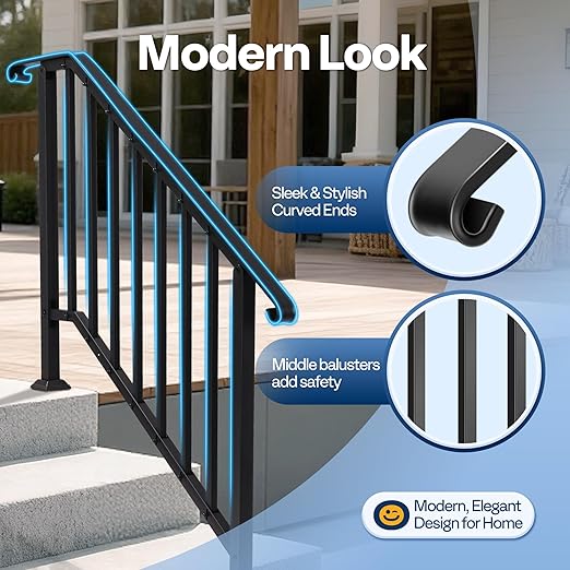 VIVOHOME 2-Pack 6 Step Galvanized Steel Hand Rails for Outdoor Steps – Curved Ends and Safety Balusters Exterior Railing for Porch, Deck, or Indoor Stairs, Complete Installation Kit