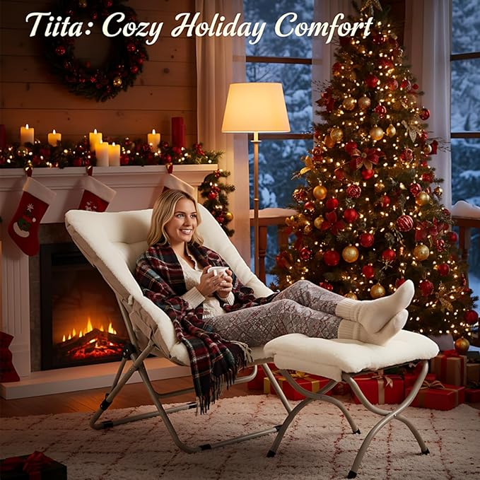Tiita Folded Chair with Ottoman, Soft Faux Fur Oversized Folding Accent Chair,Lounge Lazy Chair, Metal Frame Moon Chair for Bedroom, Living Room, Dorm Rooms, Garden and Courtyard