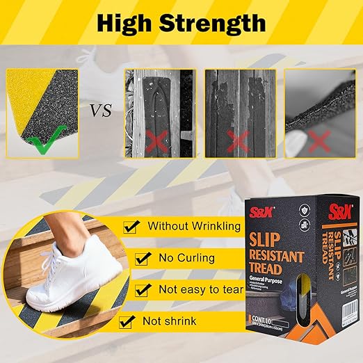S&X S680 Anti Slip Stair Treads 6" x 24", 10-Pack Pre-Cut Black/Yellow Caution Non Slip Safety Tape Strips for Outdoor Stair Treads, Wooden Steps & Exterior Grips