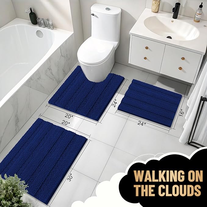 OLANLY Thick Bathroom Rugs 47x20, Extra Soft Absorbent Chenille Striped Bath Rugs, Rubber Backing, Machine Wash Dry, Bath Mats for Bathroom Floor, Tub and Shower, Home Decor Accessories, Navy