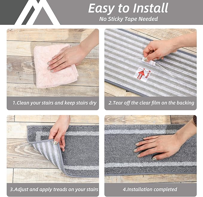 COSY HOMEER Soft Stair Treads Non-Slip Carpet Mat 28inX9in Indoor Stair Runners for Wooden Steps, Stair Rugs for Kids and Dogs, 100% Polyester TPE Backing 7pcs,Grey,Square