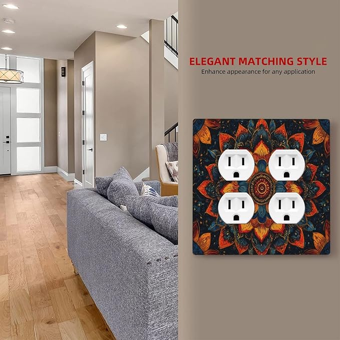 Colorful Oriental Floral Blooming Mandala Flower Outlet Covers 2-Gang Duplex Light Switch Covers Decorative Gfci Wall Plate Covers Electrical Receptacle Switchplate Plug Faceplate Bathroom