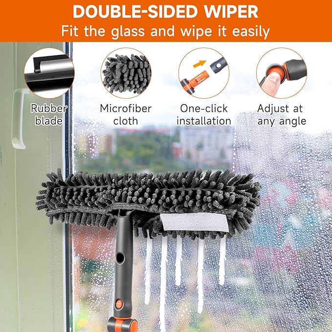 Chabatree Window Squeegee Cleaner Set 2-in-1 Window Cleaning Tool with Extendable Pole, Window Cleaning kit with Bendable Head for Indoor & Outdoor Glass for Car Indoor Outdoor High Windows（Kit2.0）