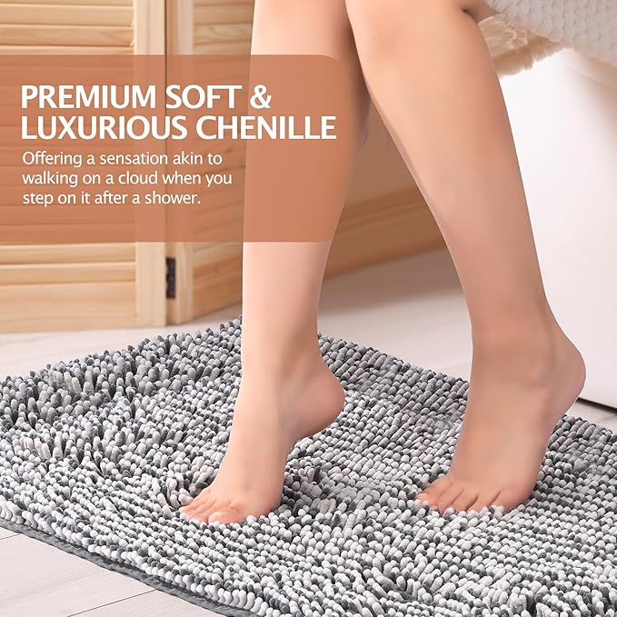 Bathroom Rugs Runner Mats 2 Piece Long Sets Bath Rug Extra Absorbent Chenille Kitchen Mat Set Non Slip Striped Machine Washable Quick Dry Tub Shower Accessories 47x20+24x17 Inch, Grey White