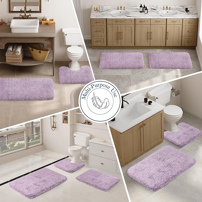 Walensee Contour Rug (20x24, Lavender) Non Slip Bath Mat for Bathroom Water Absorbent Soft Microfiber Shaggy Mat Machine Washable U Shape Toilet Rug