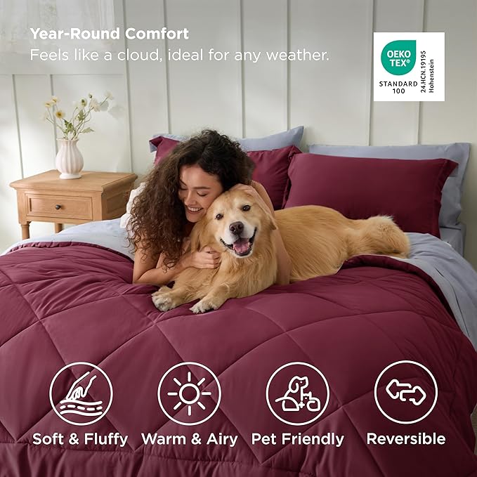 Bedsure Full Size Comforter Set - 7 Pieces Reversible Burgundy Bedding, Full Size Bed Set for All Seasons, Bed in a Bag with Down Alternative Comforter, Sheets, Pillowcases & Shams