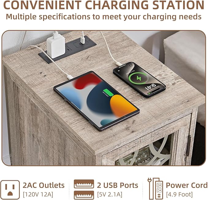 Narrow Side Table with Charging Station, Night Stand with Glass Door, Bedside End Tables with Adjustable Shelf Storage Cabinet,Wood Nightstand for Small Spaces Living Room Bedroom