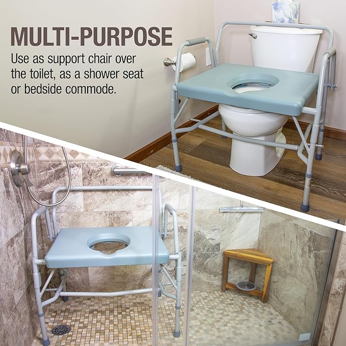 DMI Drop Arm Portable Toilet Commode, Extra-Wide Seat, 500 Pound Weight Capacity, Bucket with Lid Included, Adjustable Legs, Elderly Assistance Products, Grey