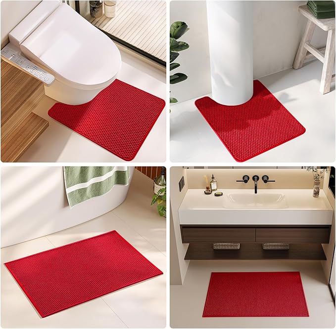 Small Christmas Bathroom Rugs, Non Slip Washable Bath Rugs Super Absorbent Bathroom Rug Thin Quick Dry Low Pile Bath Mats, Red 12"x12"