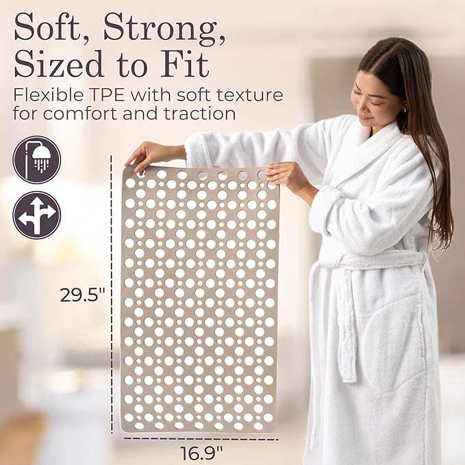 Non Slip Bathtub Mat and Shower Mat Beige TPE Strong Suction Cups Aesthetic Bath Mat for Inside Shower with Soft Texture, Quick-Dry Drain Holes, Spa-Inspired Design 30x17” (75x43 cm) (2)