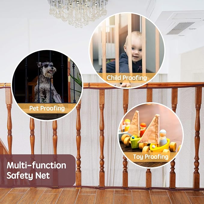 Banister Guard Safety Net for Baby, 15ft x 3ft Stair Railing Mesh Barrier for Kids, Cats, Dogs, Child Safety Rail Guard - Dark Brown