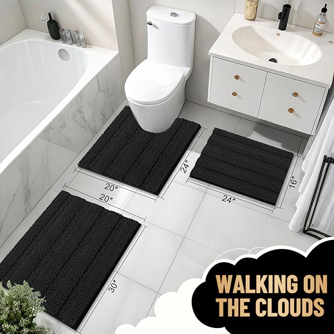 OLANLY Thick Bathroom Rugs 47x20, Extra Soft Absorbent Chenille Striped Bath Rugs, Rubber Backing, Machine Wash Dry, Bath Mats for Bathroom Floor, Tub and Shower, Home Decor Accessories, Black