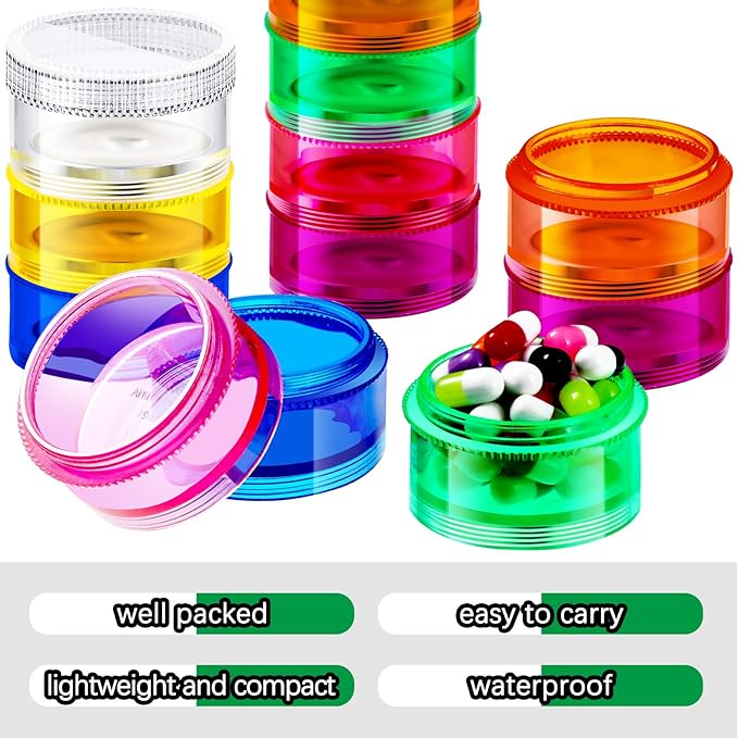 Sieral 7 Days Stackable Pill Organizers 7 Compartments Round Pill Boxes Tower Weekly Vitamin Individual Storage Containers Travel Cases with Lids for Medications, Vitamins and Supplements(2 Sets)