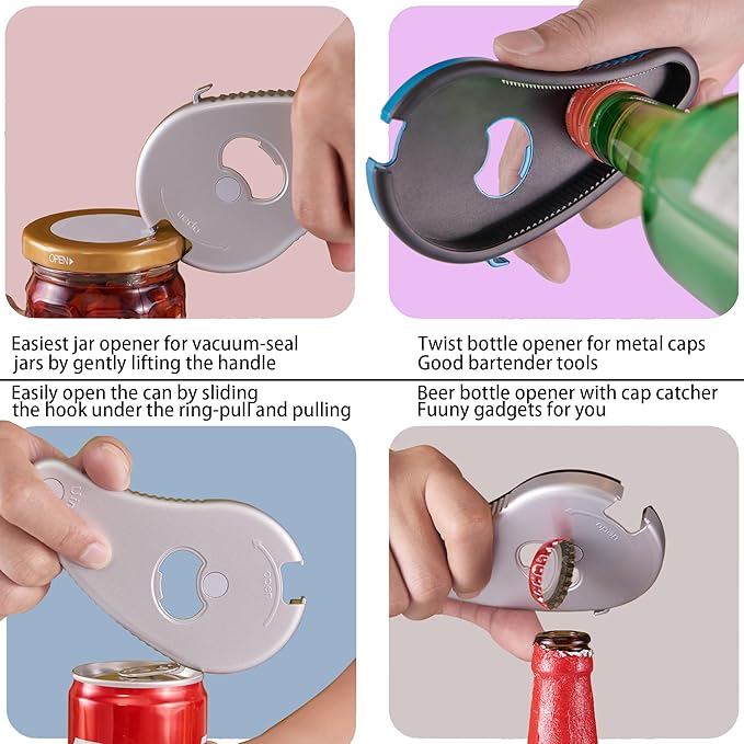 Multifunctional Bottle/Jar and Can Opener,Twist-Off Plastic Water Bottle,Pull Tab Soup,Magnet Beer Opener,for Weak Hands,Seniors,Elderly,Rheumatoid Arthritis,Lid Seal Remover (Silver)
