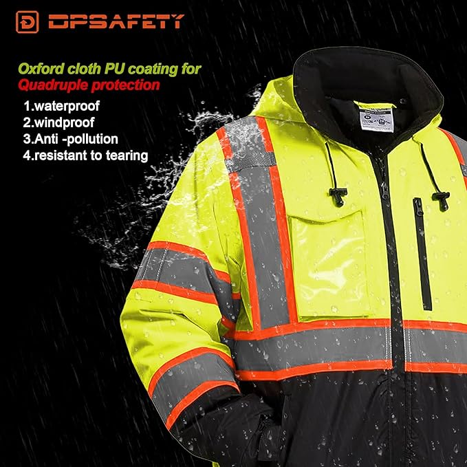 Hi Vis Safety jacket for men,Reflective high Visibility Hooded jacket,Work Bomber Jacket with Pockets and Zipper,Waterproof,ANSI Class 3 Black Bottom Yellow,Small