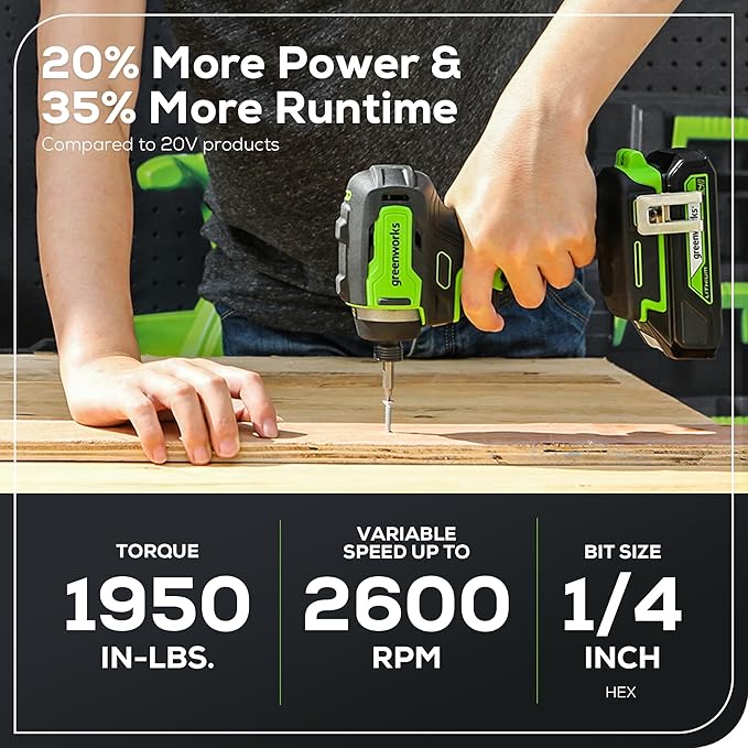 Greenworks 24V Brushless Cordless Impact Driver Kit, 1950 in./lbs Torque, 1/4'' Hex Collet, Variable Speed, 2×2Ah Batteries with 2A Charger, LED Light, 8pcs Drill/Driver Bits with Tool Bag