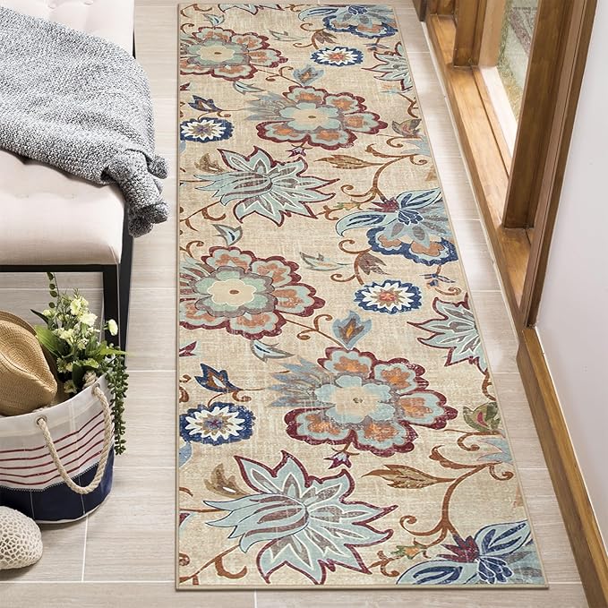 Beeiva Floral Carpet Runners for Hallway 8ft, Hallway Washable Kitchen Runner Rug Non Slip, Ultra Thin Vintage Plant Carpet Rugs with Low Pile for Kitchen Bathroom (Cream,2'x8')