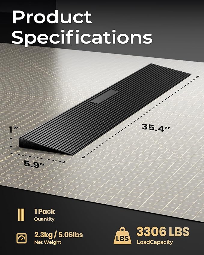 FACHNUO 1" Rise Rubber Threshold Ramp for Doorways, 35.4" Wide, 3306 LBS Load Capacity Wheelchair Ramp - Cuttable Non-Slip Rubber Ramp, Secure and Stable for Curbs, Wheelchairs, Walkers, Scooters